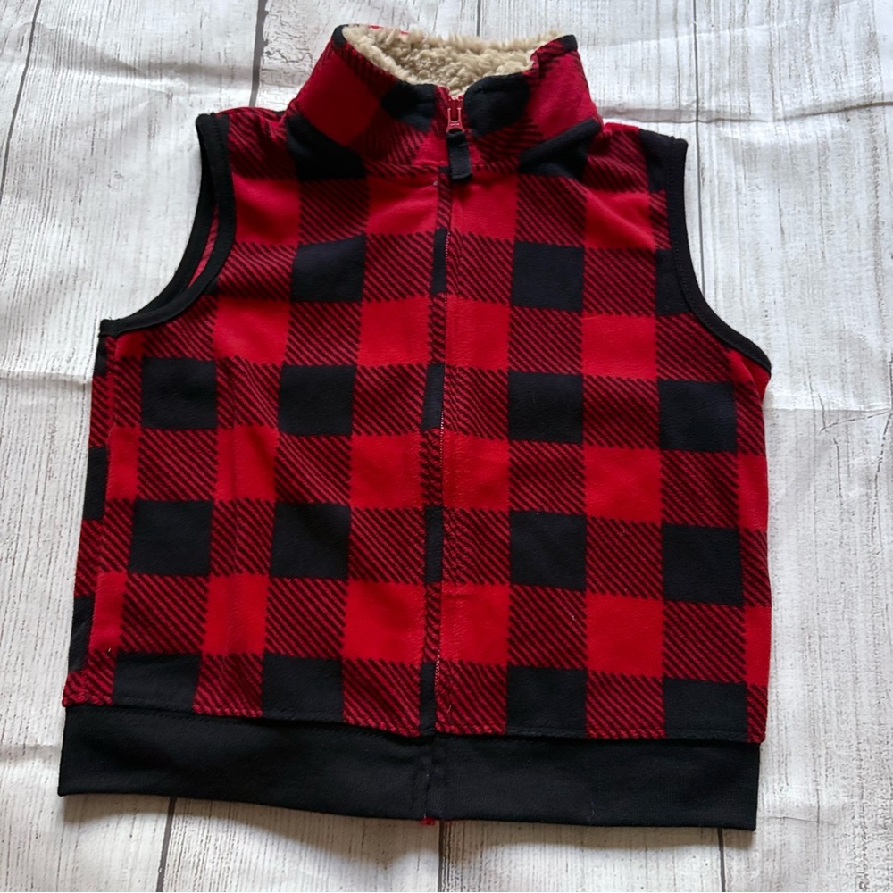 Carter’s Red Black Plaid Fleece Vest Furry Collar 24 Months NWT